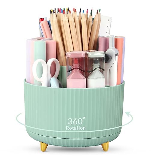 SKYDUE 360 Degree Rotating Desk Organizer, Dual-Purpose Pencil Pen Holder for Desktop, Rotating Desk Pen Organizer with 5 Slots, Pencil Cup for School, Home, Office Supplies (Bean Green)