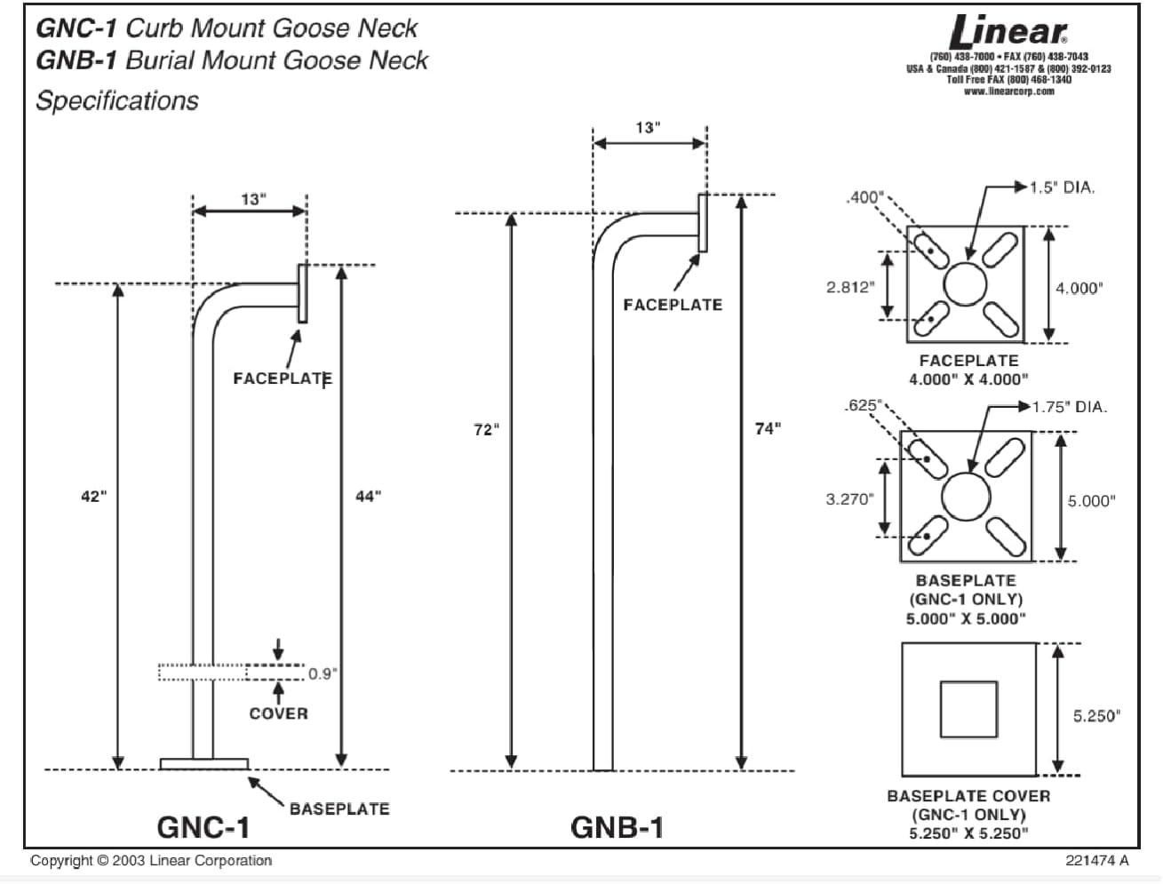 Linear GNC-1 / ACP00906WP Keypad Gooseneck Pedestal Post - Curb Pad Mount - Heavy Duty Steel - Black