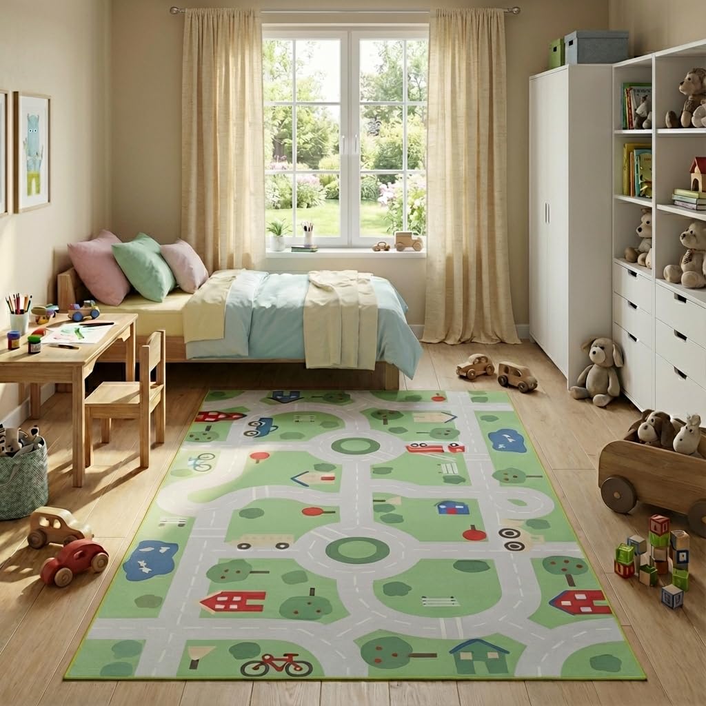 TAPISO Snooki Tapis Enfant Tapis de Jeu Route et Voitures Ville Chambre Enfant Garçons Vert Antidérapant Doux Poils Courts Oeko-TEX 120 x 160 cm