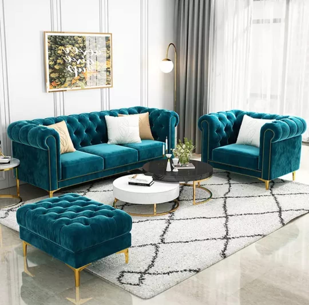 A to Z Furniture Wood Modern Classic 6 Seater Fabric & Valvet Tufted 3+2+1+1Footrest Chesterfield Sofa Living Room and Office (Teal Green 2)