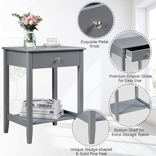 Miniatura 7 de COSTWAY Mesita de noche Mesa de almacenamiento Pantalla de almacenamiento Muebles de dormitorio Estante de cajón al lado de gris