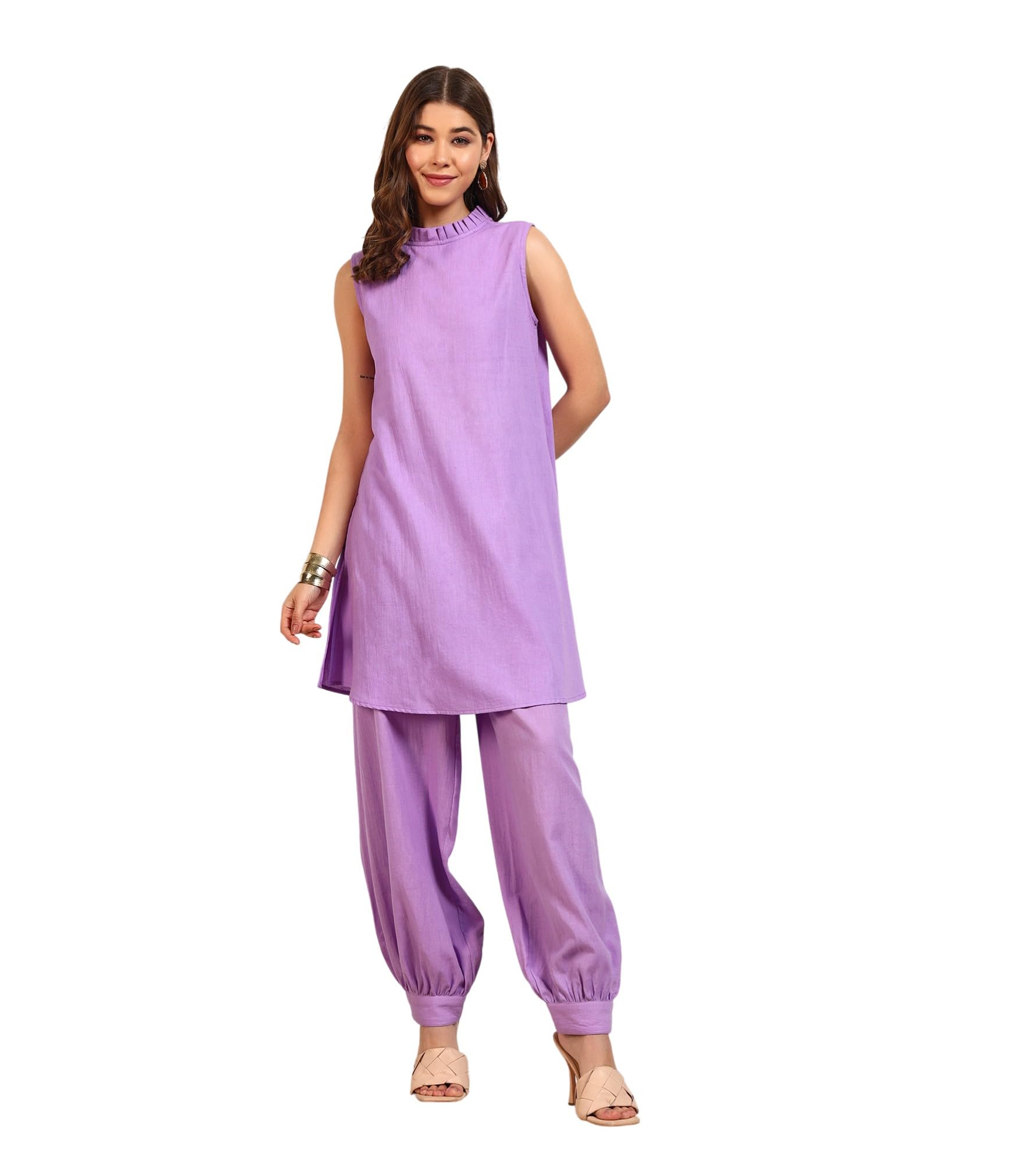 Women's Solid Cotton Flex Kurta with Ankle Length Pant Co-Ord Set|Sleeveless|Halter Frill Neck|Long Dresses for Woman Western|Two Piece|Traditional Party Casual Wear