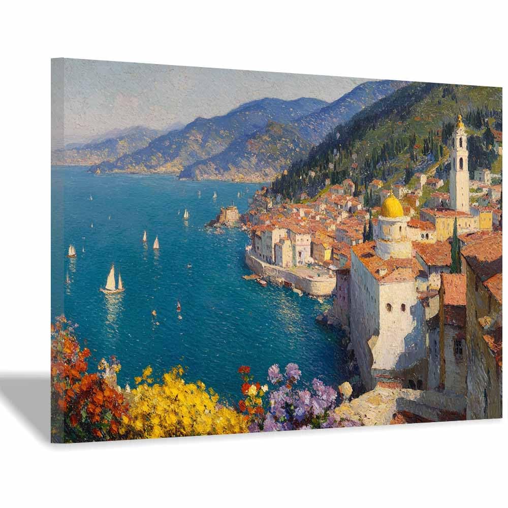 HOQIU Natural scenery wall art Italian Coastsal Village decorative painting, wall art, for Living Room Bathroom Bedroom Kitchen Decoration.(Multicolor)-60x80cm Framed