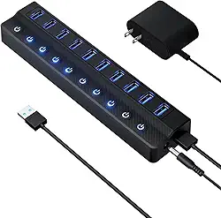 Hub USB 3.0 alimentado, hub divisor USB de 10 portas com interruptores liga/desliga individuais e adaptador de alimentação 12V/2A extensão USB