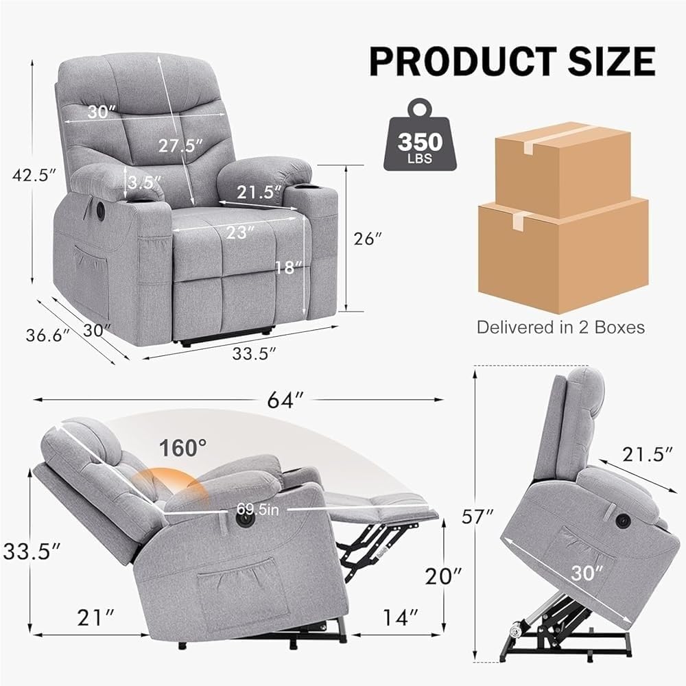Electric Lift Recliner Chair for Elderly with Massage and Heat USB Ports Cup Holders Side Pockets Comfortable Reclining Sofa for Living Room and Bedroom