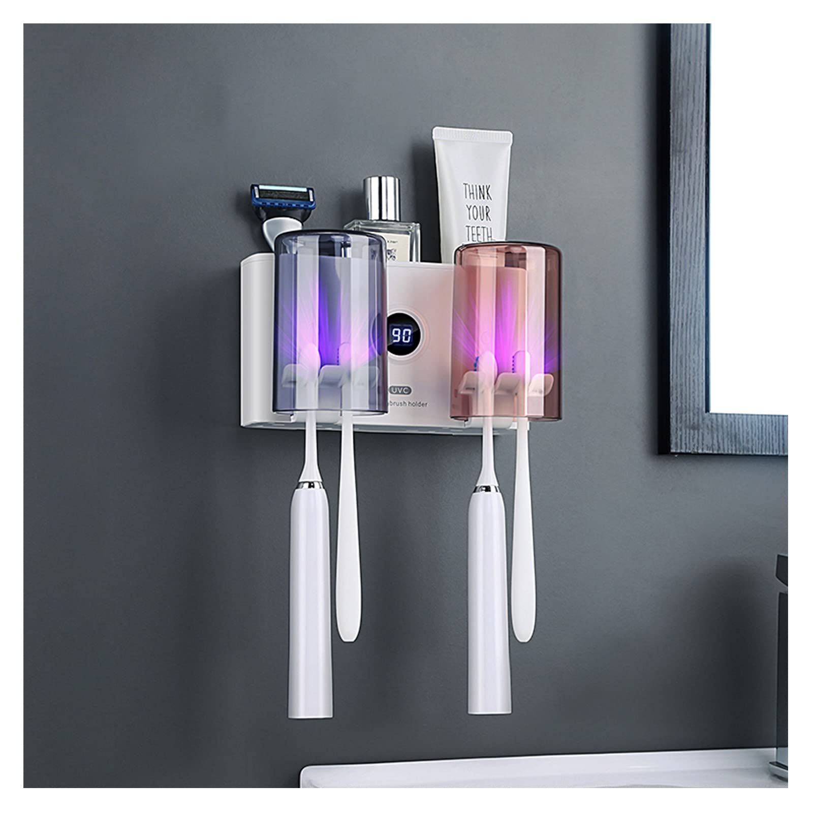 Porta Cepillo de Dientes, Soporte Cepillo de Dientes con Función Esterilizador, LED Estuche Cepillo Dientes con 4 Ranuras para Cepillos, Organizador Baño USB Recargable Blanco