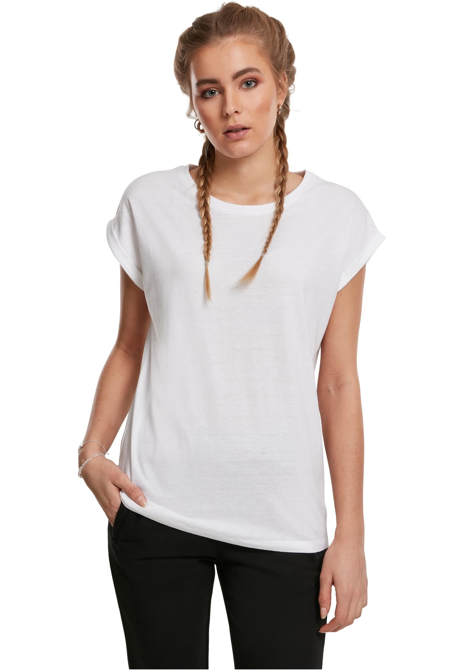 Urban Classics Camiseta básica mujer de manga corta, cuello redondo, de algodón hombros caídos, con doblez en las mangas, distintos colores y tallas
