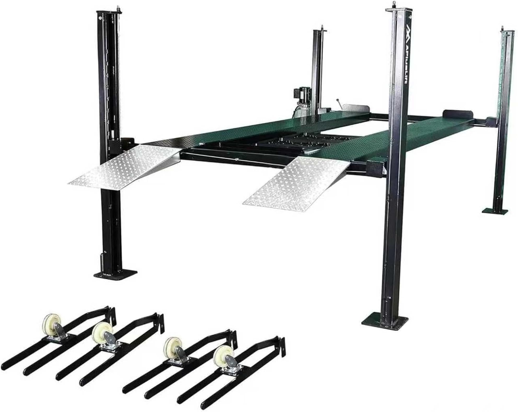 APlusLift HW-8SXLT 8000LB Extra Tall Extra Long Extra Wide 4-Post Portable Storage Service Car Lift with Aluminum Ramps / 36 Months Part Replacement