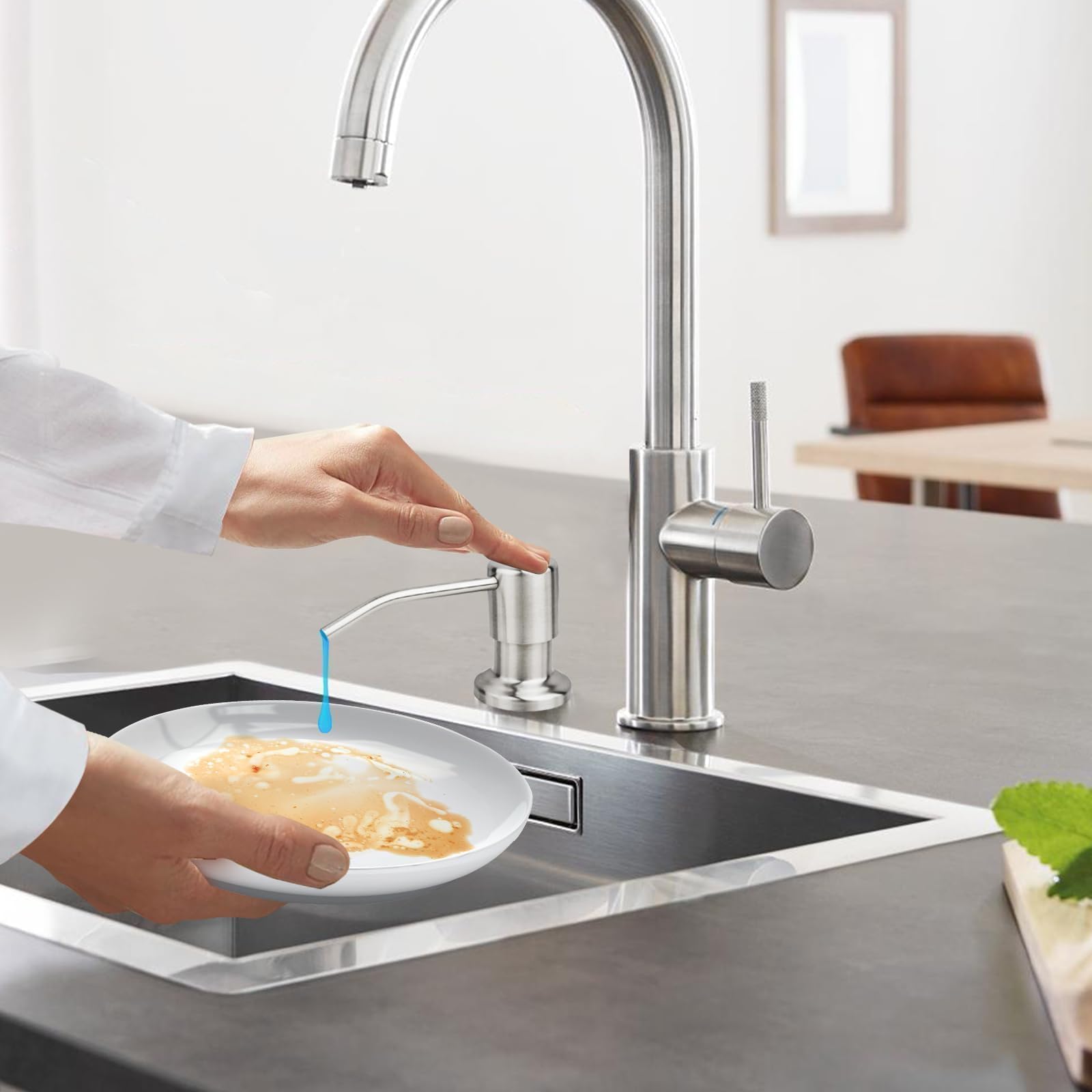 Linkstyle Distributeur De Savon Pour Évier De Cuisine, Distributeur De Savon Liquide Encastré Avec Tuyau D’Extension De 47", Nickel Brossé