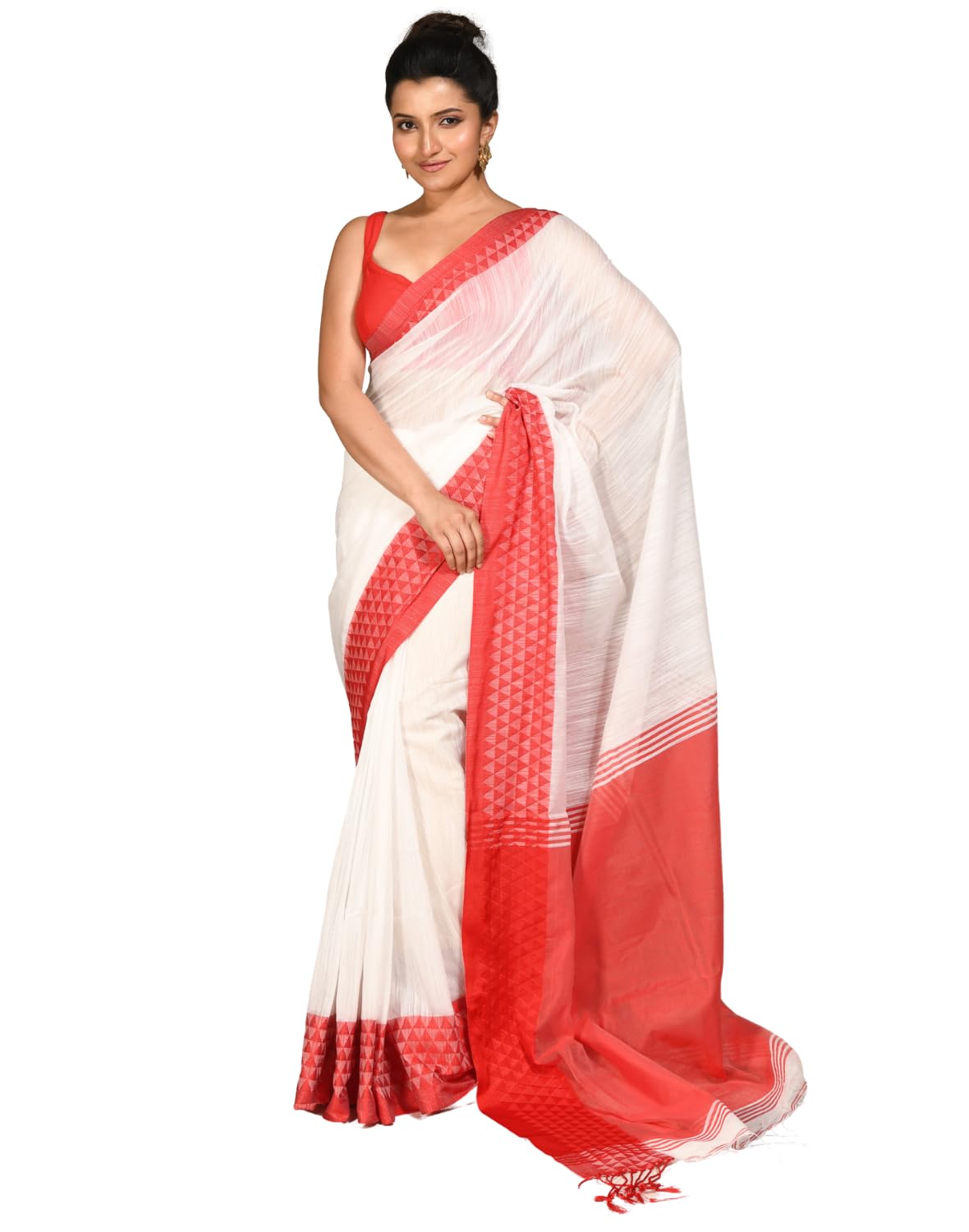 women`s silk blend woven design saree templemala lal par sada sari design new soft cotton silk red white saree for festival with blouse piece