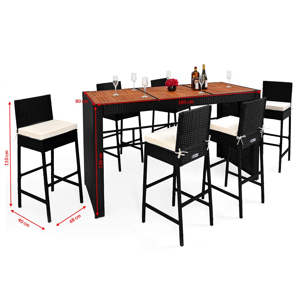 CASARIA Set de Mesa Alta y 6 Taburetes de Bar con Cojines de Asiento de Madera de Acacia Poliratán Negro Muebles de jardín