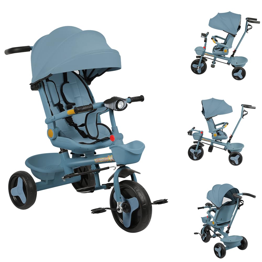 4-in-1 Kinderdreirad mit Schubstange & Lenksteuerung, Blau | Baby Fahrrad ab 1 Jahr, Sicherheitsbügel, Fußstütze & Korb, Faltbare Markise