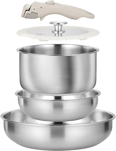 KOCH SYSTEME CS Juego de ollas y sartenes de acero inoxidable, juego de utensilios de cocina de acero inoxidable de 7 piezas con mango desmontable,