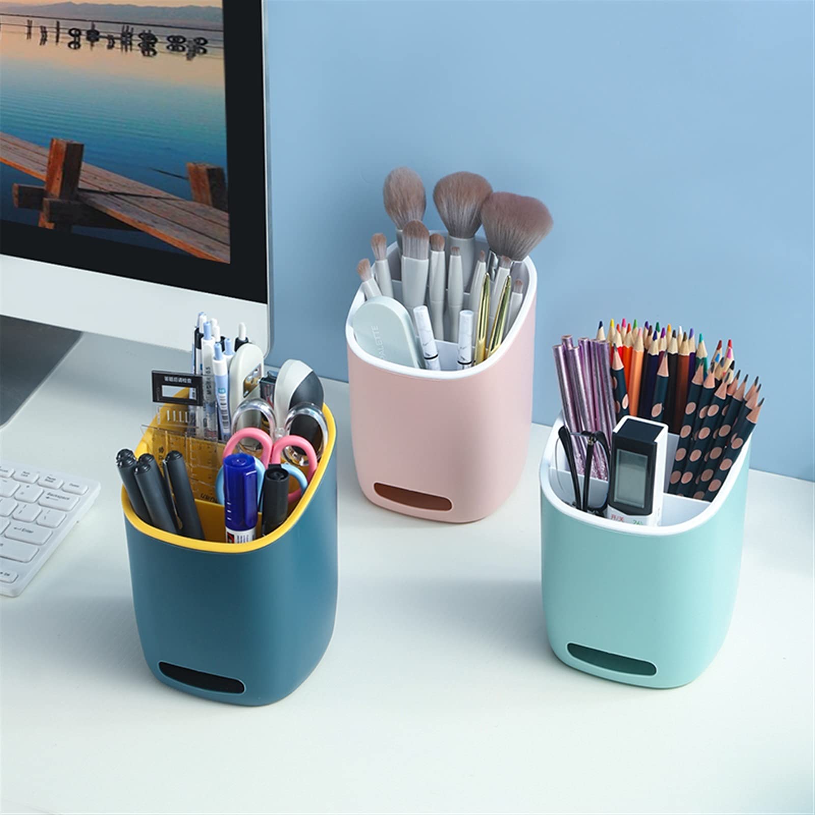 Pot à crayons multifonction en plastique PP - Boîte de rangement pour crayons et maquillage - 3 grilles - Organiseur de bureau - Porte-crayons