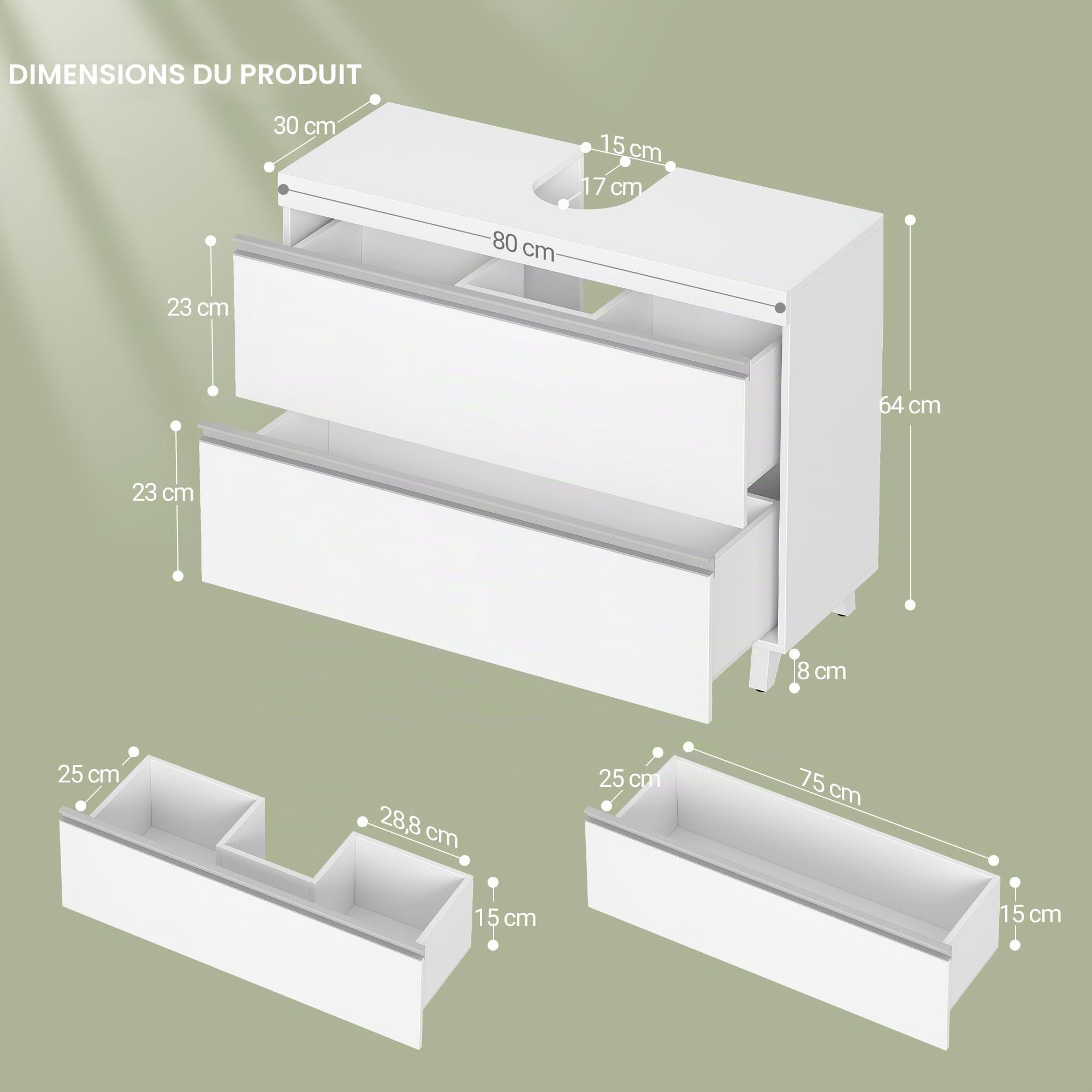 Hzuaneri Meuble sous Lavabo, Rangement Salle de Bain, 30x80x64cm, Blanc