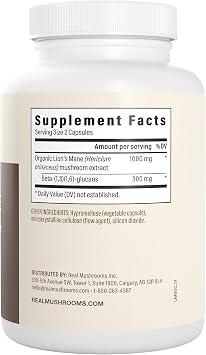 Real Mushrooms Lions Mane Mushroom Cognition (120 Capsules) Lions Mane Mushroom Powder Extract Capsules | Brain Supplement, Brain Vitamins, Focus Supplement