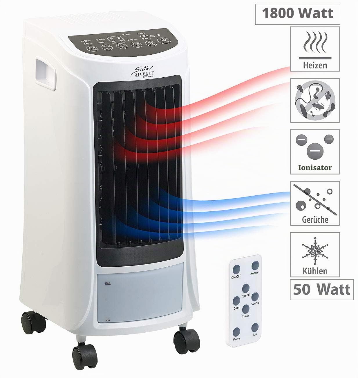 Sichler Haushaltsgeräte Kühl und Heizgerät: 4in1-Luftkühler, befeuchter, Ionisator, Heizgerät, 4l, 1800W, 240ml/h (Heiz und Kühlgerät, Klimagerät Kühlen, Klima)