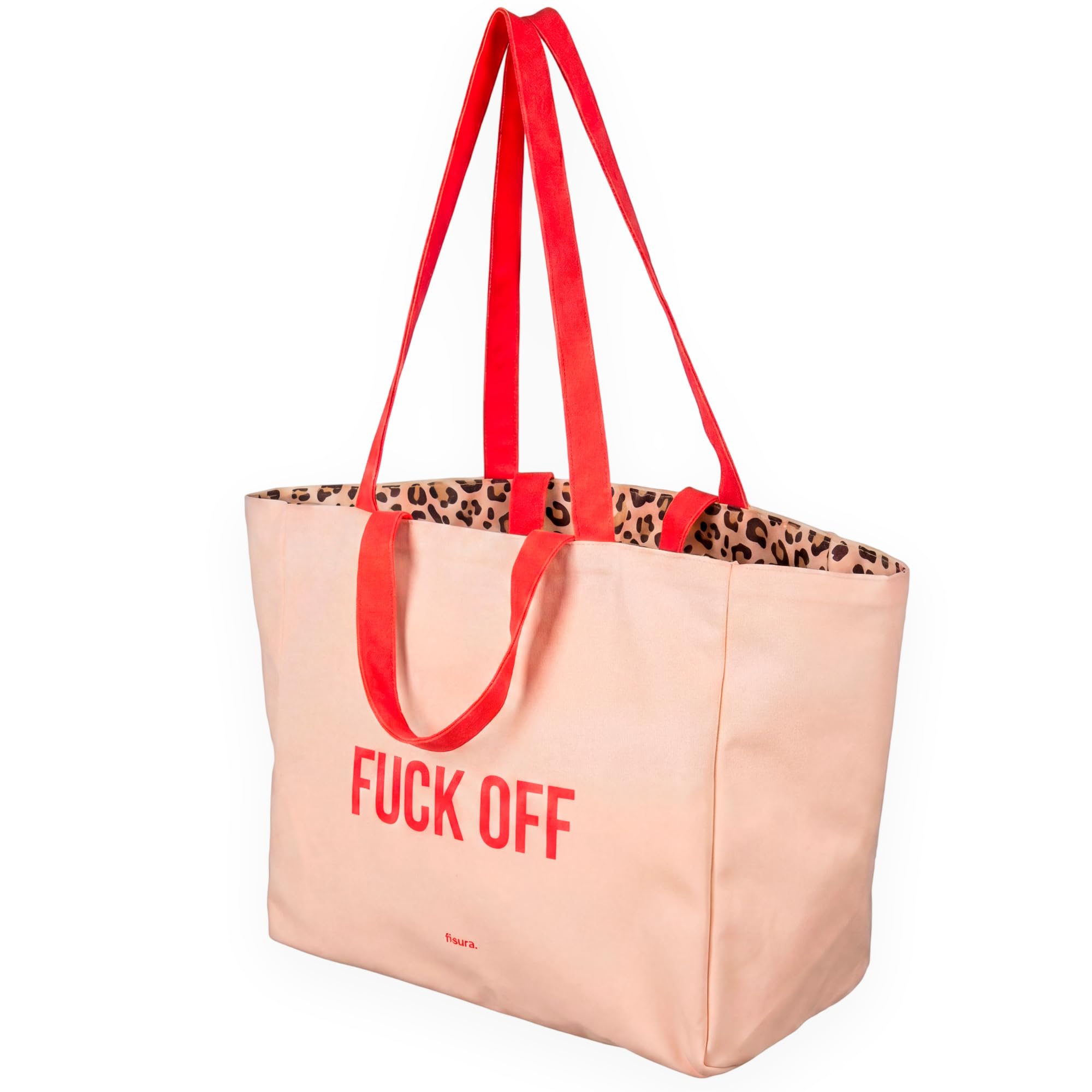 Fisura – Oryginalna torba plażowa „Fuck off”. Duża dwustronna torba plażowa beżowa w panterkę. Bawełniana damska tote bag XXL. Torba materiałowa na podróż, zakupy lub plażę.
