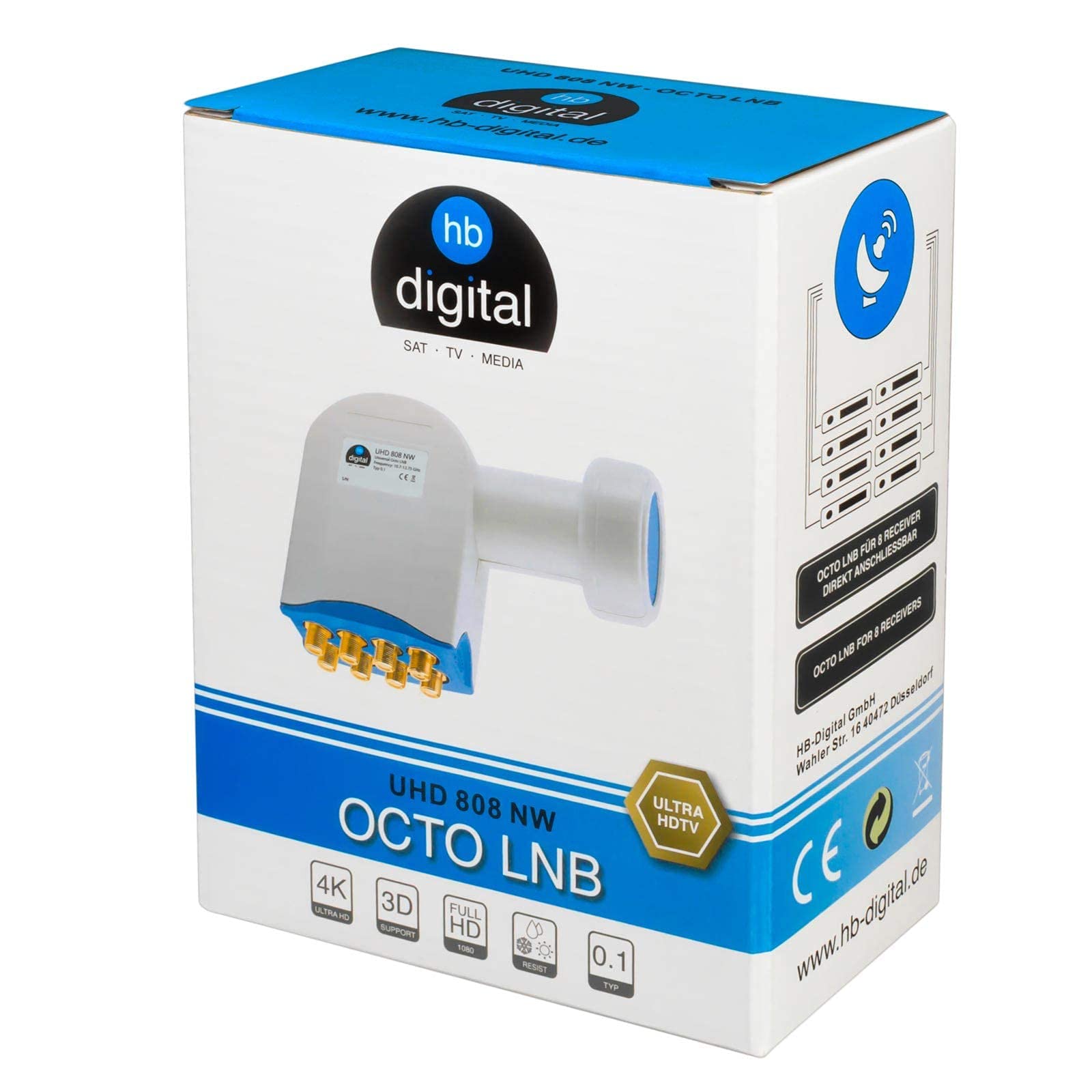 hb-digital Octo Ultra LNB NW LNC pour 8 participants/récepteurs [Test TRÈS BON] Connexion directe Full HDTV 4K - Contacts dorés - Capuchon de protection contre les intempéries (coulissant) - Avec 16