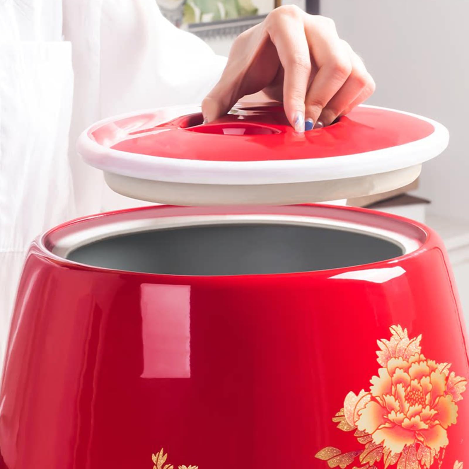 Chiński Ceramiczny Pojemnik na Ryż, Zamknięty Słoik do Przechowywania Ryżu z Pokrywką, Klasyczny Domowy Porcelanowy Słoik do Przechowywania Żywności, Dekoracyjny Słoik(Red-A,25KG)