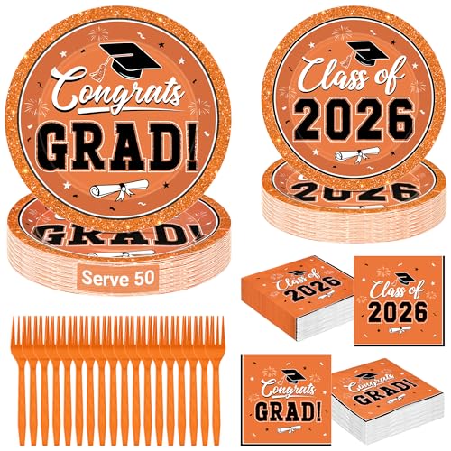 Image of QZYL 50 Set Graduation Supplies 2026, Orange Graduation Plates and Napkins, Disposable Dessert Plates and Plastic Forks, 200Pcs Grad Party Tableware for Wedding, Birthday, Graduation