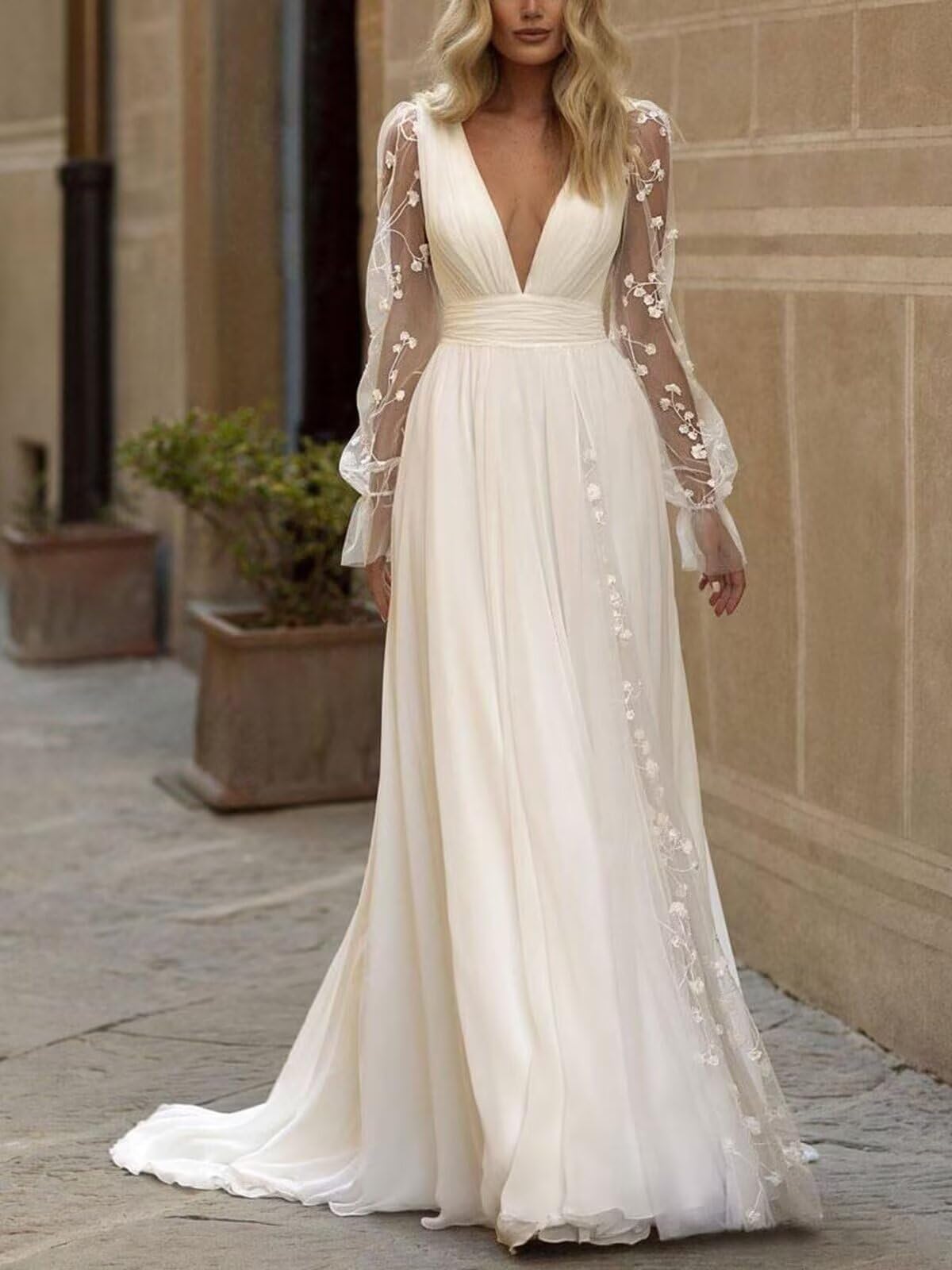 Hochzeitskleider Für Damen Spitze Beach Boho Brautkleider Langarm Standesamt V-Ausschnitt A-Linie Hinterlänge Brautkleid