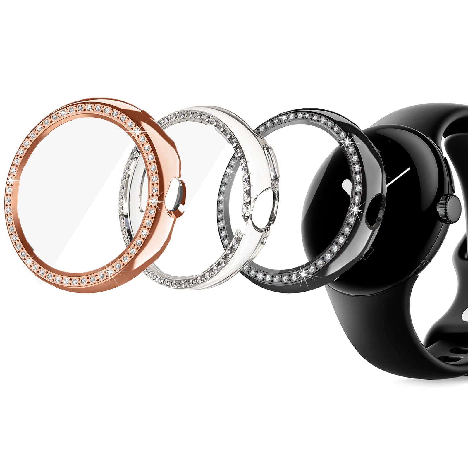 Compatible for Google Pixel Watch 2 Bling Case, Lamshaw Bling Protective Bumper Case Crystal Diamond with Built-in Screen Protector Compatible for Google Pixel Watch/Pixel Watch 2 (3 PACK-2 pack-Black+Clear+Rose Gold)