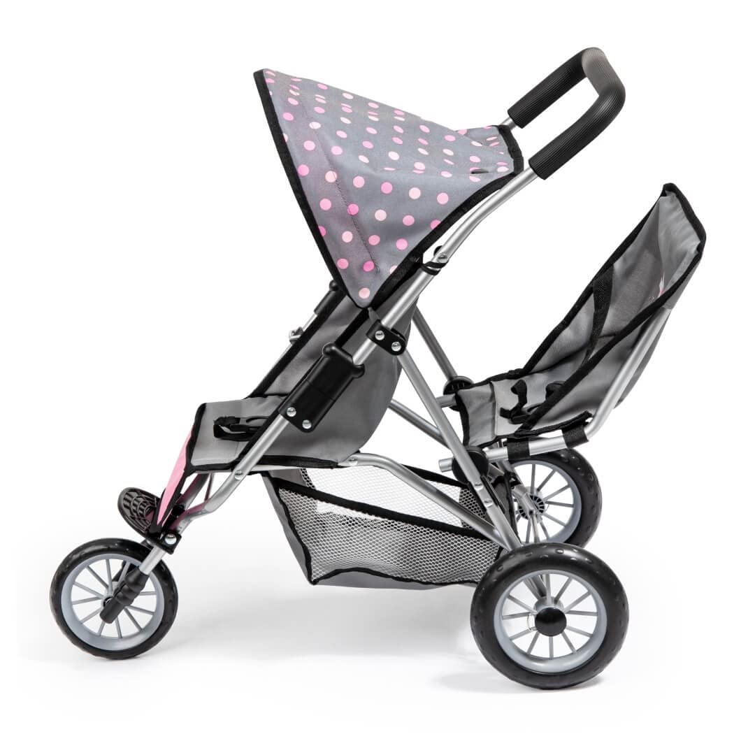 Bayer Design 39166AA Wózek dla lalek Duo, bliźniaczy jogger, składany, z koszem na zakupy, szary, różowy, wróżką