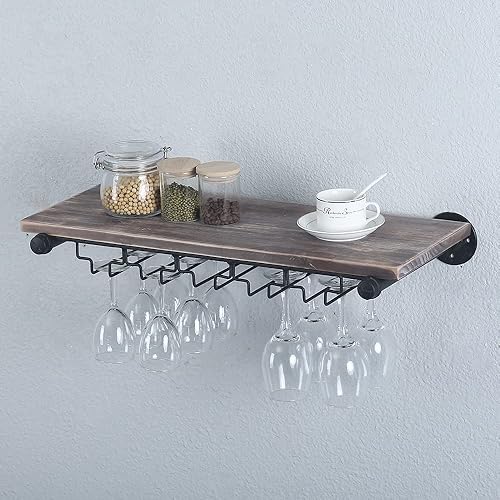 Miniatura 6 de OLDRAINBOW Estantería de tubo industrial, estantes colgantes para copas de vino, rústico montado en la pared con 5 soportes de vidrio, estantes