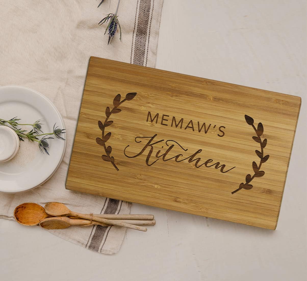 Andaz Press Large Bamboo Wood Cutting Board Gift for Mother's Day, 17.75 x 11-inch, Rustic Laurels, Memaw's Kitchen, 1-Pack, Laser Engraved Serving Chopping Board Christmas Cutting Boards For Kitchen