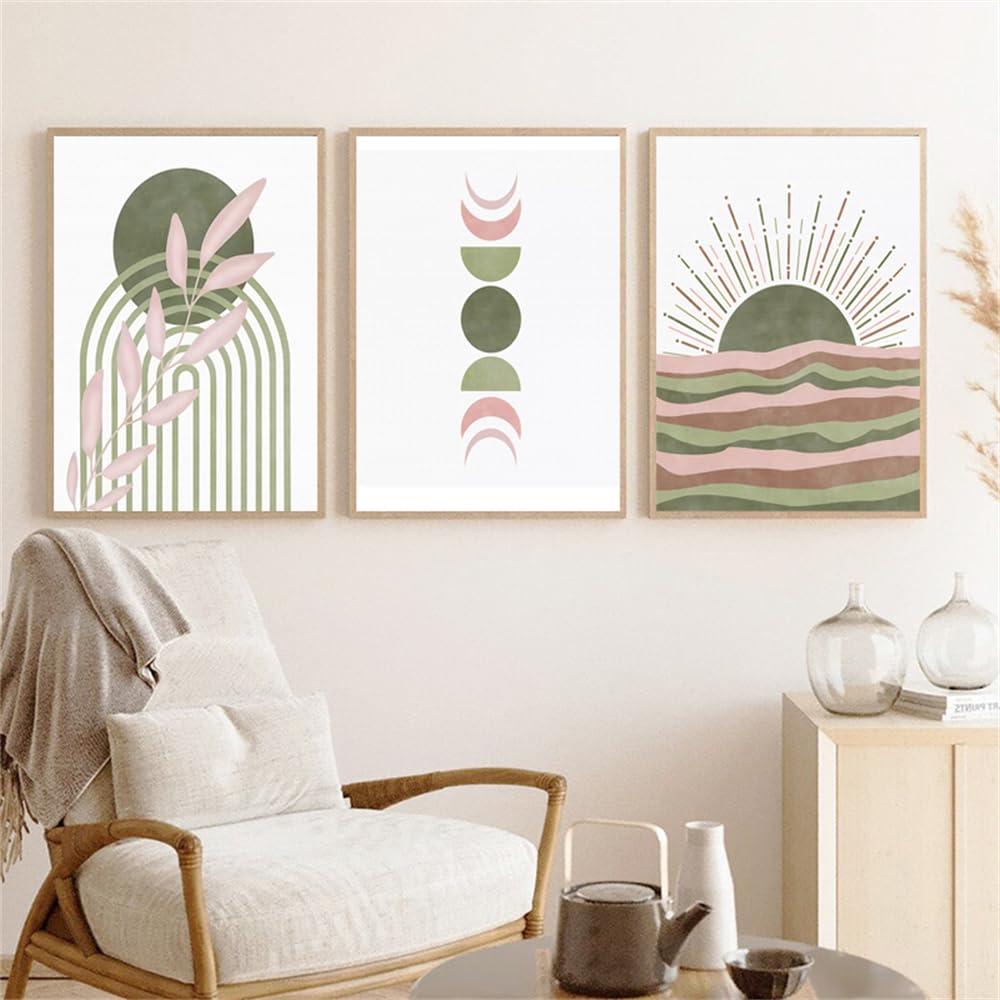WBYZAC Wall Pictures-Boho Pink Green Plants Posters Abstract Geometric Wall Art Canvas Painting Nordic Living Room Bedroom Kitchen Office Corridor Decor Picture-40 * 50cm*3PCS (No Frame)