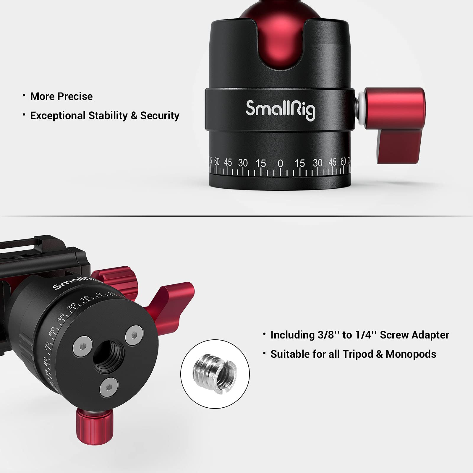 SMALLRIG Głowica kulowa 360° z mocowaniem śrubowym 1/4 cala, aluminiowa mini głowica statywu, udźwig 8 kg, do Canon/do Sony/do Nikon/do Panasonic/DSLR//smartfonów - 3034