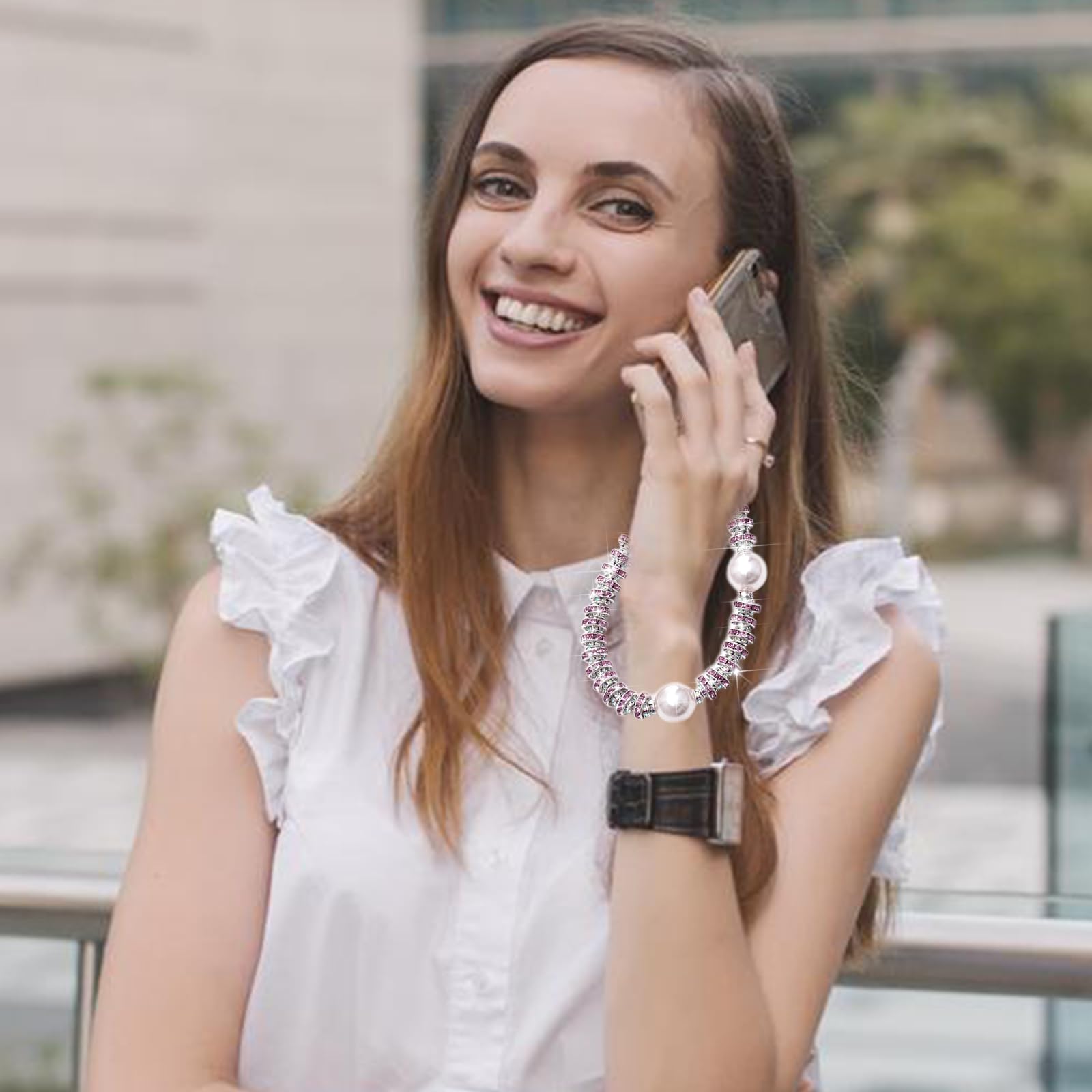 VirgoCCY Pearls Crystals Phone Charm, Luxury Bling Diamond Glitter Beaded Wrist Strap, Hanging Accessory Keychain Anti-loss Phone Lanyard Wristlet for Women Girls-Purple Pearl