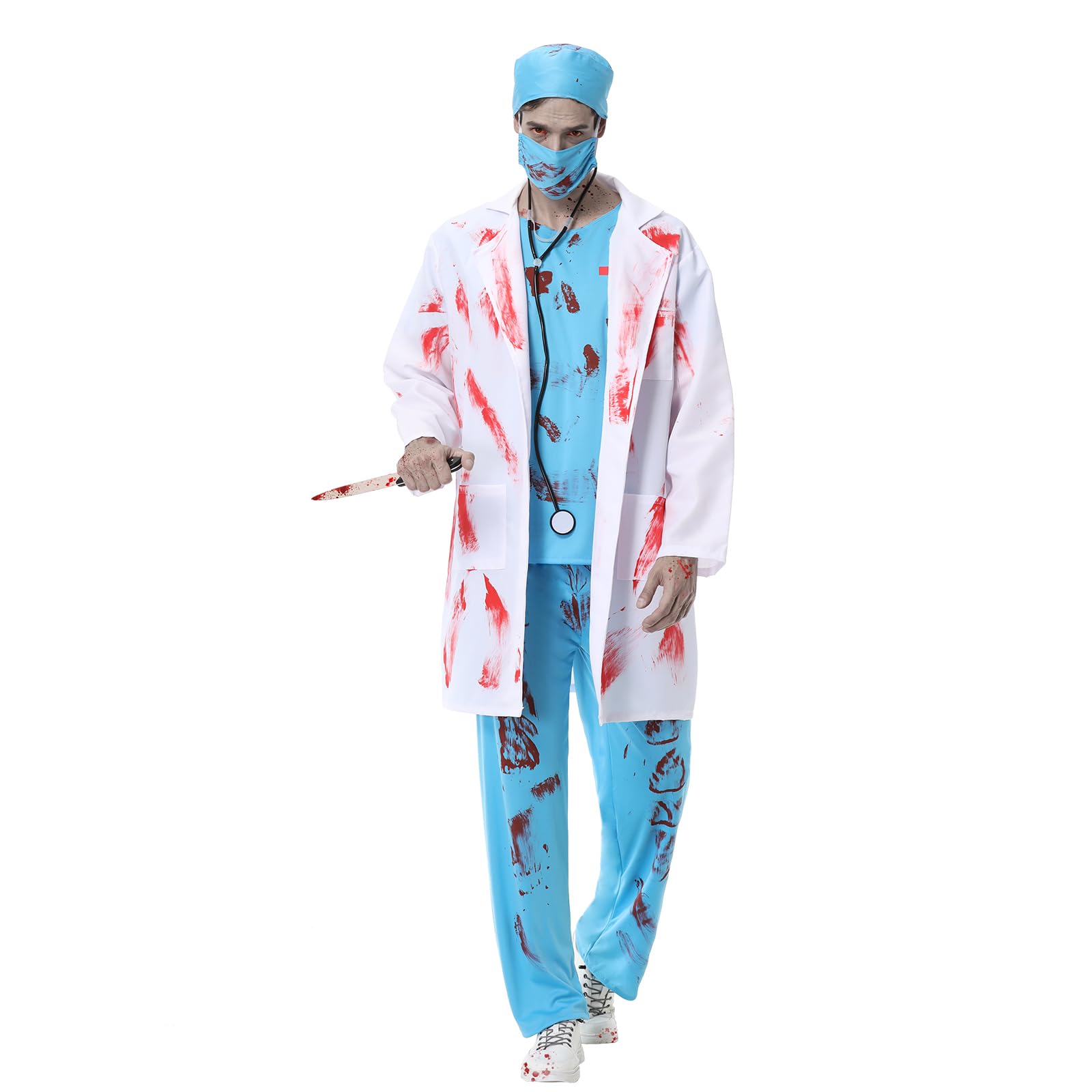 Kostium medyczny zombie dla mężczyzn, zestaw kostium chirurga horror kostium medyczny na Halloween dla mężczyzn w szlafroku, czapka lekarza, maska lekarza, top, spodnie i stetoskop