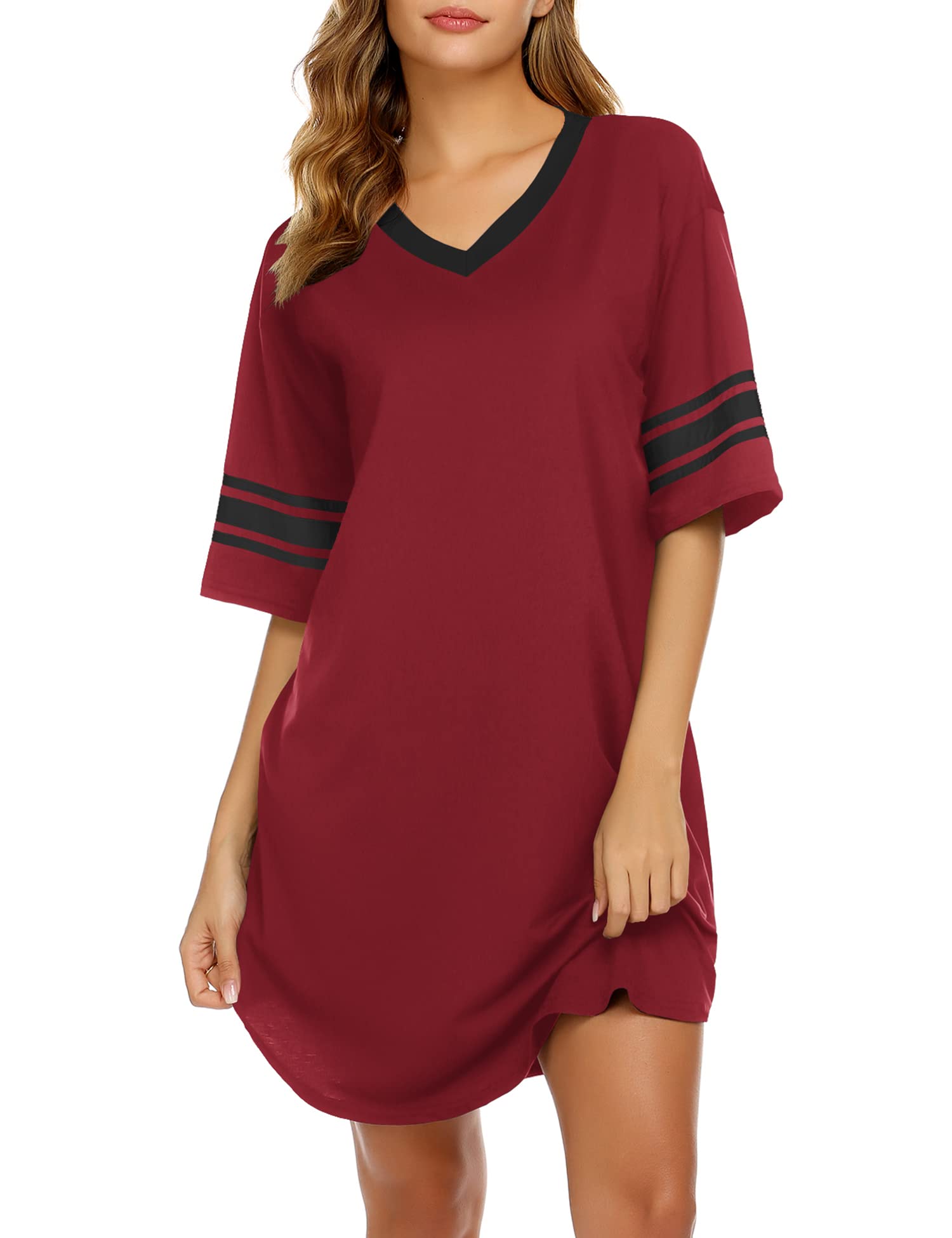 Ekouaer Womens Nightgown Cotton Sleepwear Short Sleeve Sleep Shirt V Neck Color Block Nightshirt