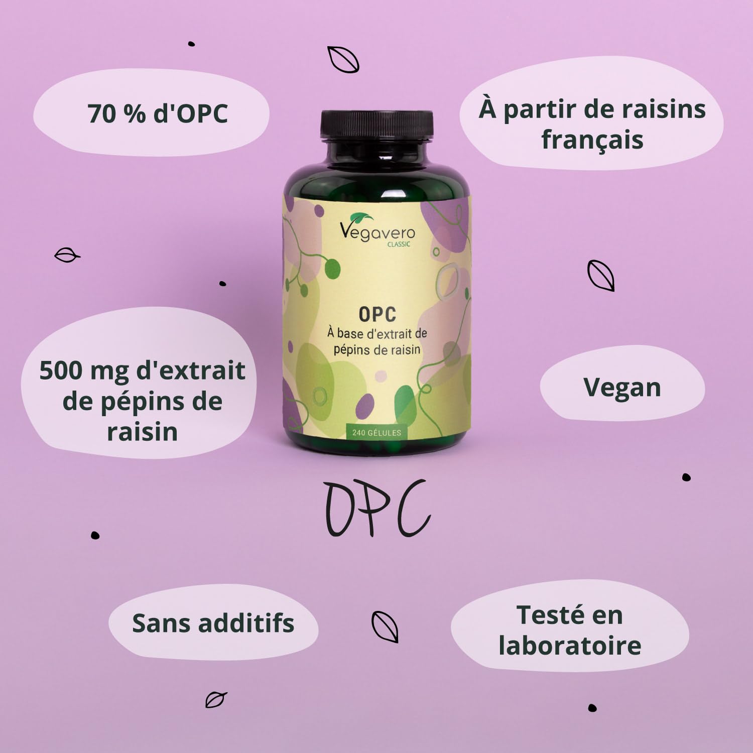 OPC Vegavero® | Extrait de Pépins de Raisin – Origine FRANCE | Pour 8 Mois | Antioxydant Puissant | Avec Proanthocyanidine (Polyphenol) | Sans Additifs & Testé en Laboratoire | Vegan