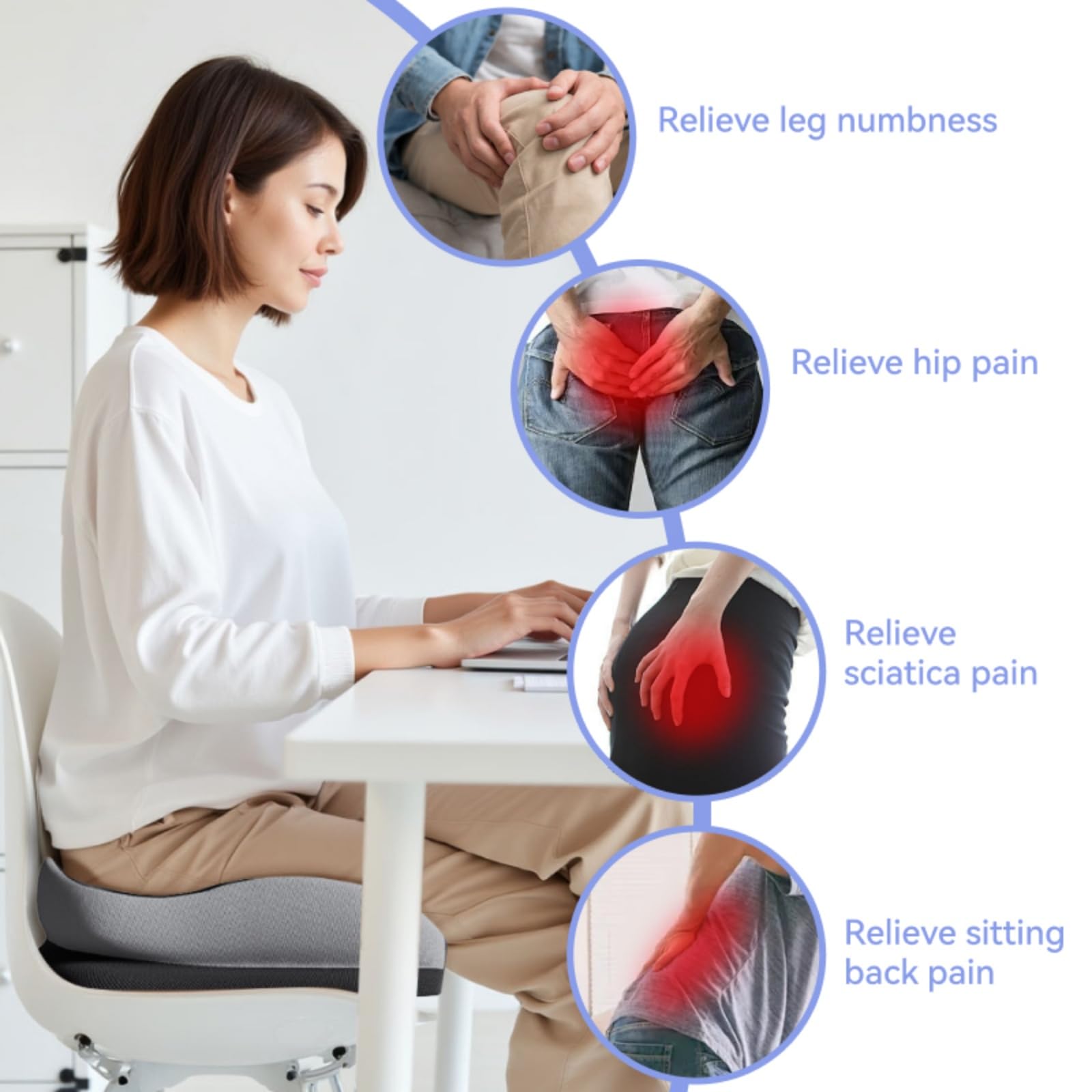 Seat Cushions for Office Chairs Wheelchair Cushion for Long Sitting Back Pain Memory Foam Seat Car Computer Desk — view 5