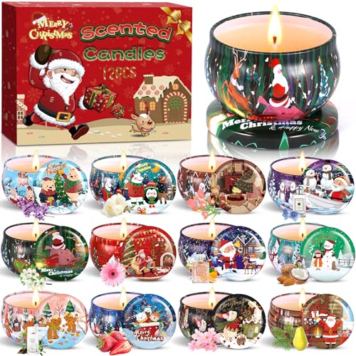 ZHHGOO Duftkerze Set,12 Stück Christmas Scented Candle ,Natürliches Sojawachs Kerzen ,Aromatherapie Weihnachtskerzen Aroma für Stressabbau,Weihnachten,Geburtstag