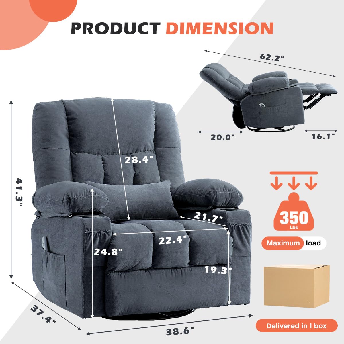 MAHOMICO Recliner Chair with Cup Holders for Living Room Single Seat Manual Oversized Recliner with Ergonomic, Side Pocket for Adult view 2