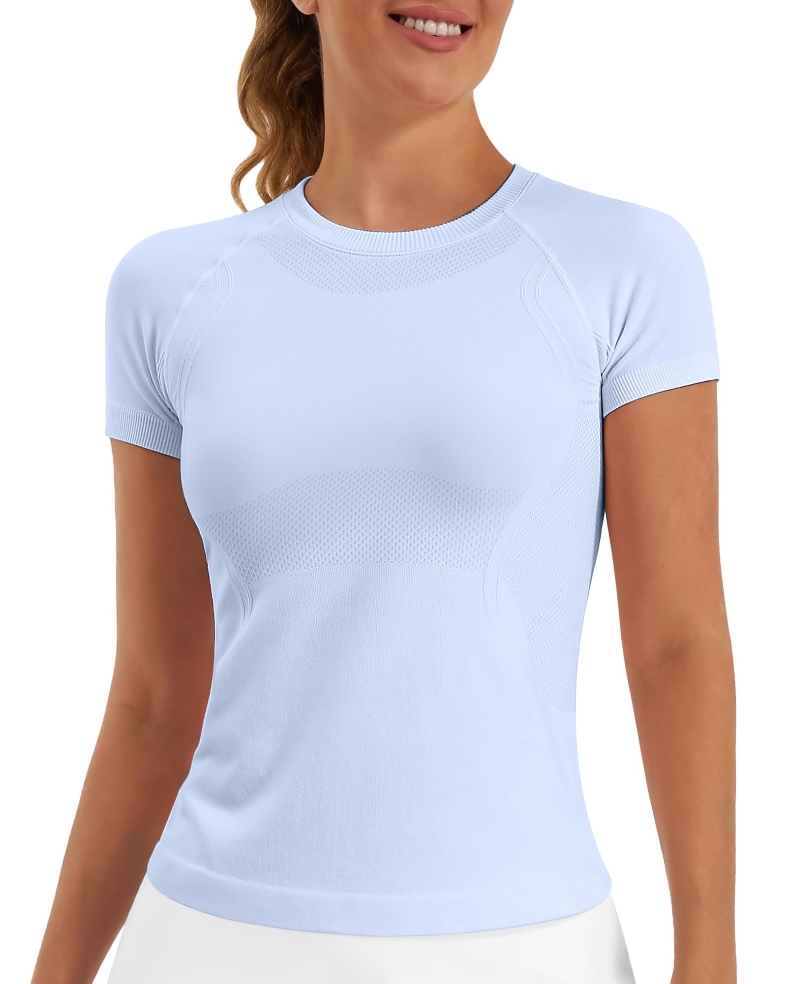 Stelle Women Workout Tops Short Sleeve Seamless Athletic Shirts Yoga Gym Sports Breathable Tees