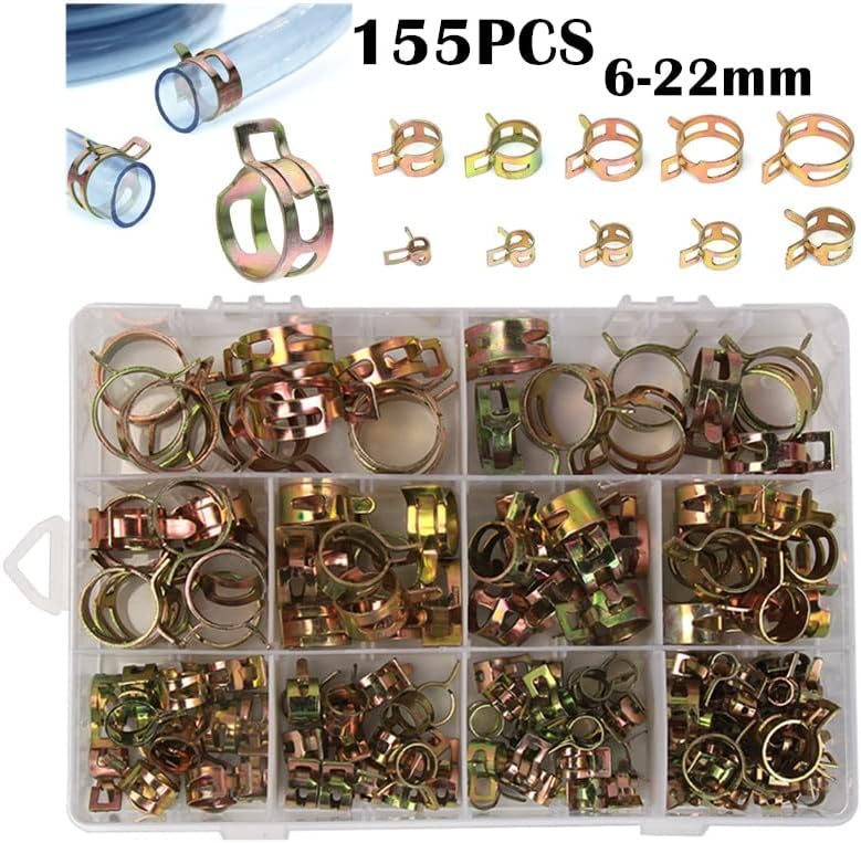 155PCS 6-22mm Car & Truck Spring Clips Fuel Oil Water Hose Clip Pipe Tube Clamp Fastener Assortment Kit