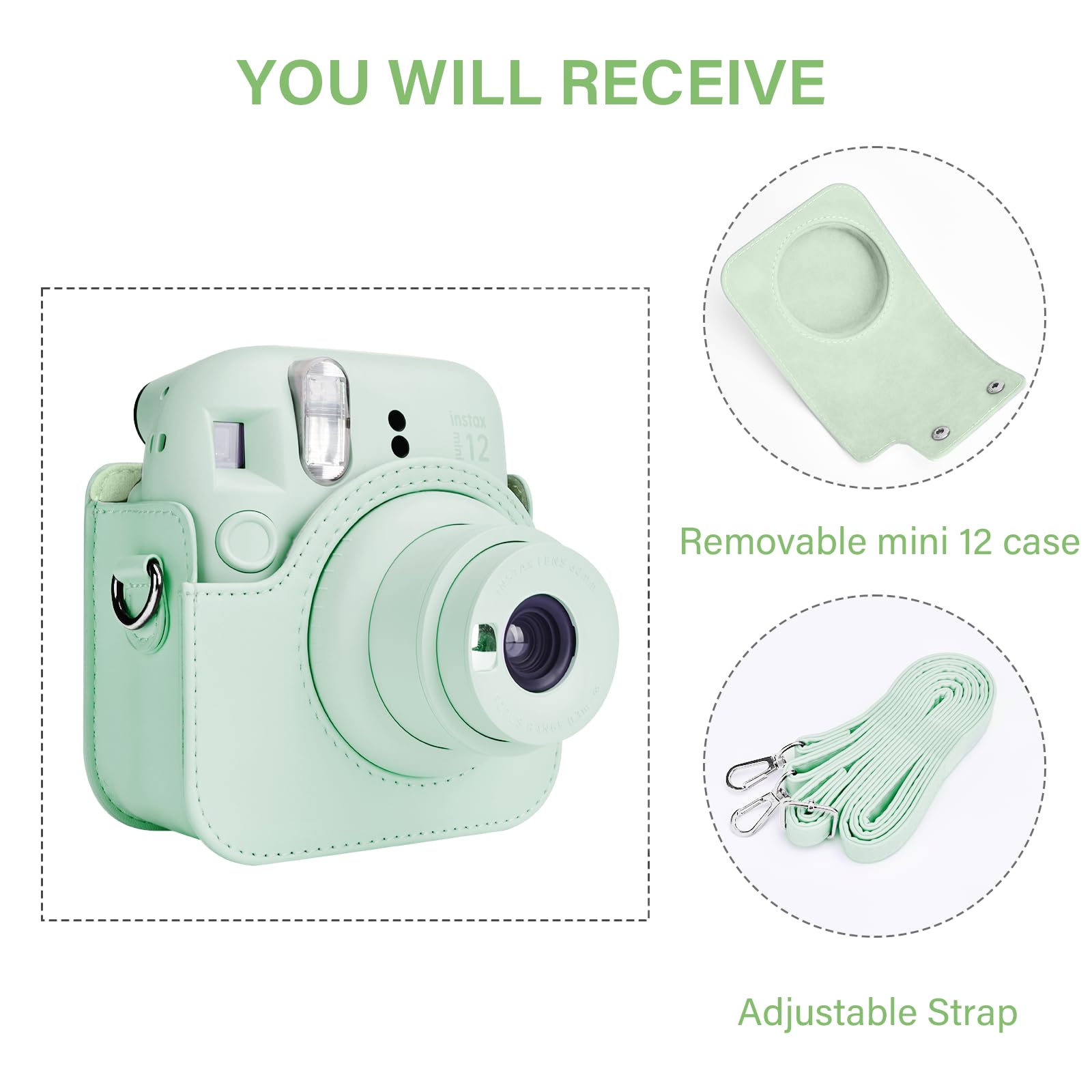 Rieibi Housse pour Instax Mini 12 - Étui de Protection en Cuir PU pour Appareil Photo Instantané Fujifilm Instax Mini 12 - Étui Amovible avec Bandoulière - Vert
