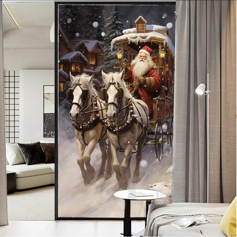 Rustic Santa Claus Window Film Sun Blocking Vintage Christmas Landscape Stained Glass Window Film No Glue Decorative Window Cling for Home Window&Glass Door 45 x 60 cm