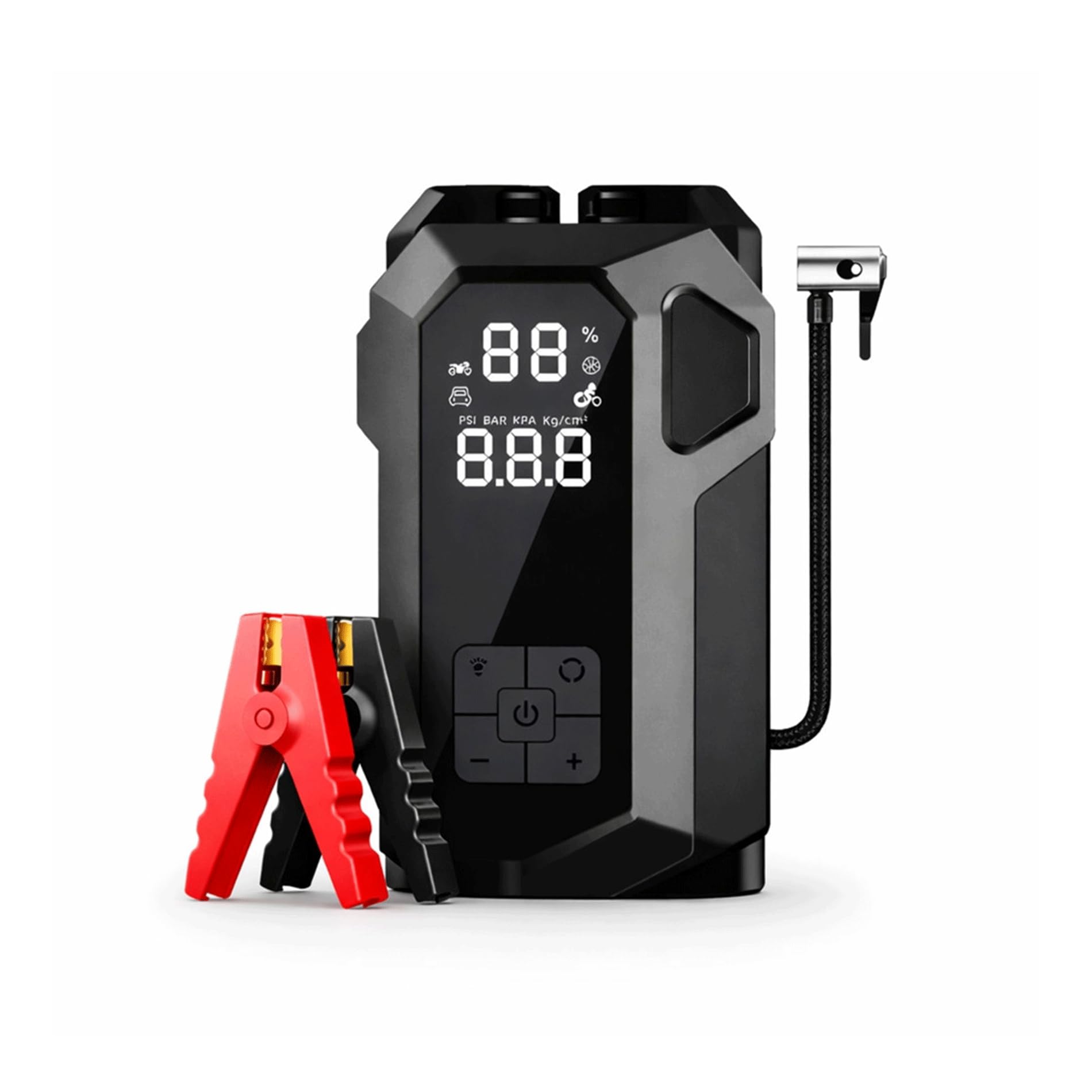 Avviatore Emergenza Auto 12V e Compressore Aria Portatile - Jump Starter 4 in 1, Power Bank, Torcia LED - Booster Batteria per Motori Benzina e Diesel - Compatibile con Auto, Moto, Bici - 800A