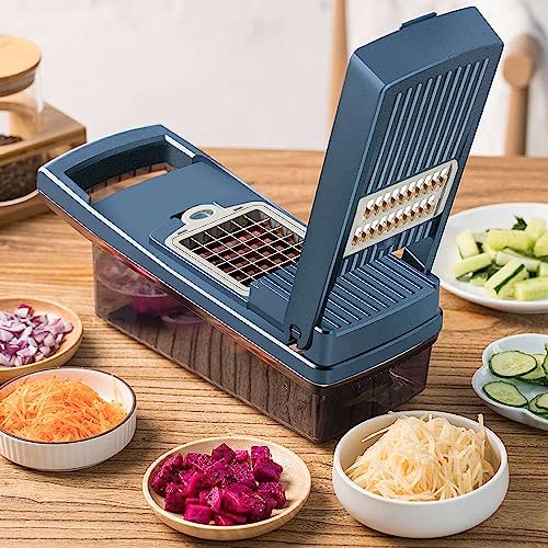 Kitchen vegetable & Fruit Slicer, Dicer Onion Chopper, 15 in 1 Food Chopper Fruits Cutter with 8 Stainless Steel Blades, Vegetable Cutter with Drain Rack Storage Container, Kitchen Gadget- Blue