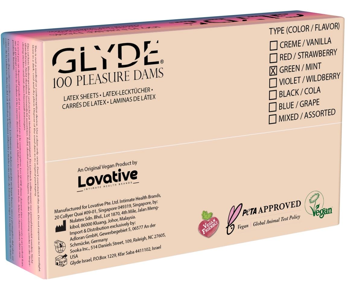 Glyde Dams MINT - 100 Latex-Schutztücher - Grün gefärbt - Lecktücher mit Pfefferminz-Duft