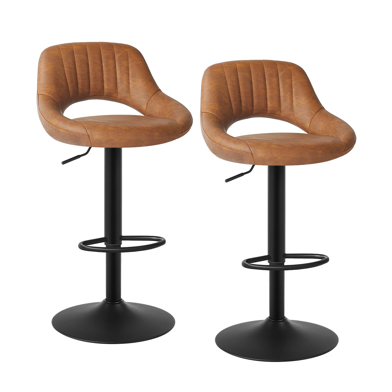 EUGAD Juego de 2 Taburetes de Bar con Respaldo, Taburete Alto Cocina Giratorio 360° Ajustable Altura, Cuero Sintético, Marrón