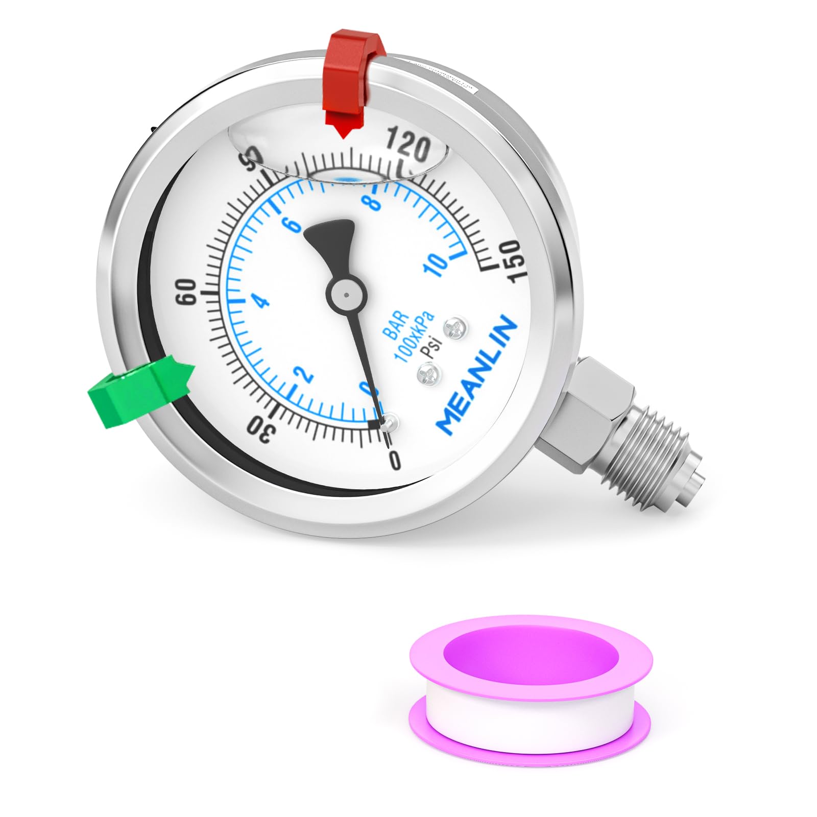 MEANLIN MEASURE 0~10Bar/0~150Psi Manometr cieczy ze stali nierdzewnej z uszczelką ze stali nierdzewnej 316 1/4" BSP 2,5" FACE DIAL do sprężarki powietrza, centrum filtracji wody, dolny montaż