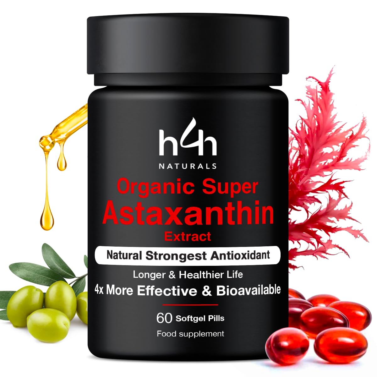 Super Astaxantina Biologica – Equivalente a 16mg di Polvere | Pelle, Vista, Energia | Assorbimento 4X con Olio d’Oliva Italiano Bio | Vegan-Certificati Bio UE/USDA