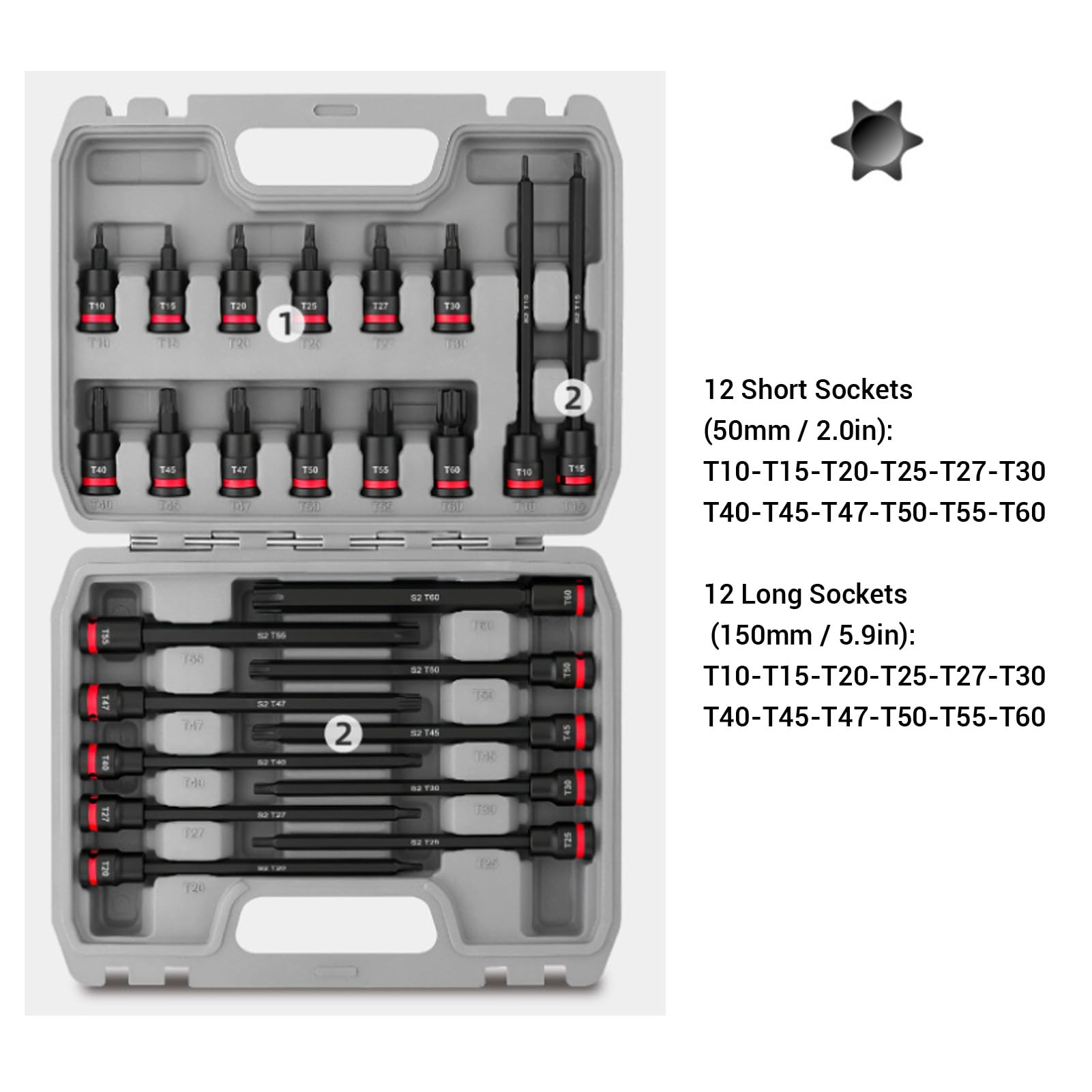 Bewinner Set di Bussole a Percussione da 3/8 Pollici, 24 Bussole a Stella in Acciaio Legato S2 T10-T60, 2 Pollici e 6, Extra Lunghe con Scatola Stampata a Soffiaggio, Set di Punte a Percussione in
